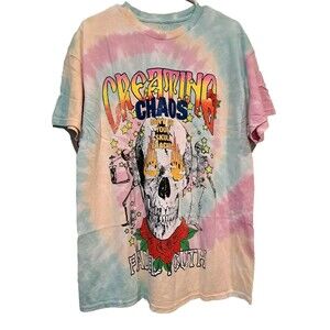MNML Creating Chaos Fiery Skull Print Tie Dye Punk Tee Faded Men's Size L New!